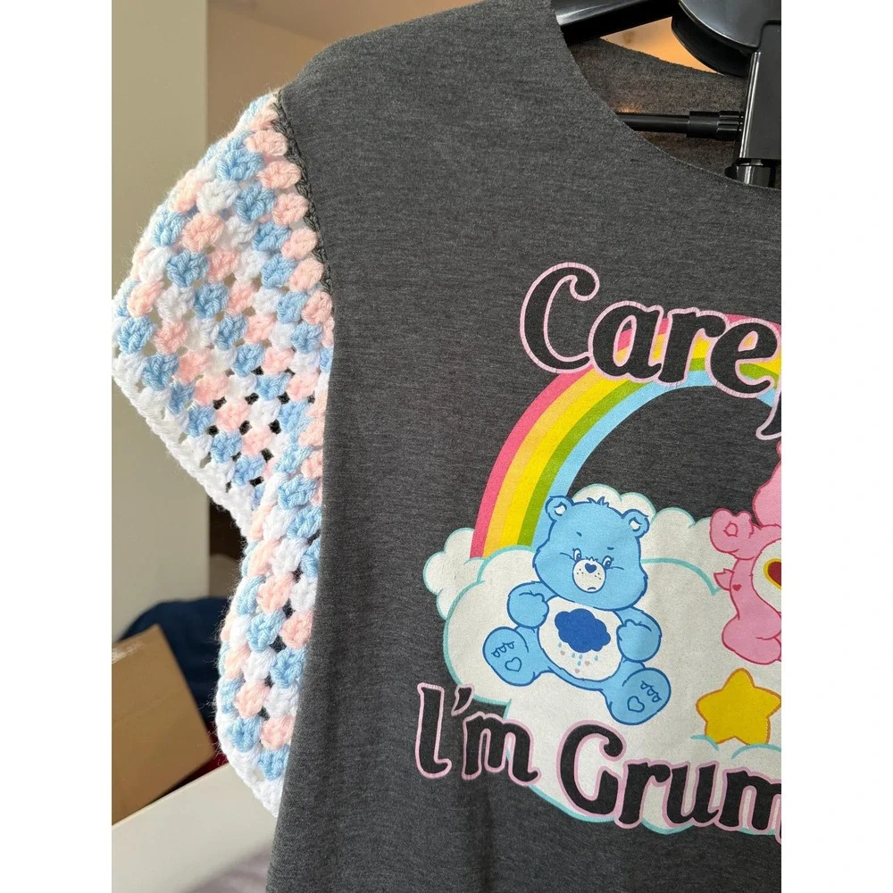 One of a Kind Upcycled Care Bears Graphic Tee with Hand Crocheted Sleeves Large